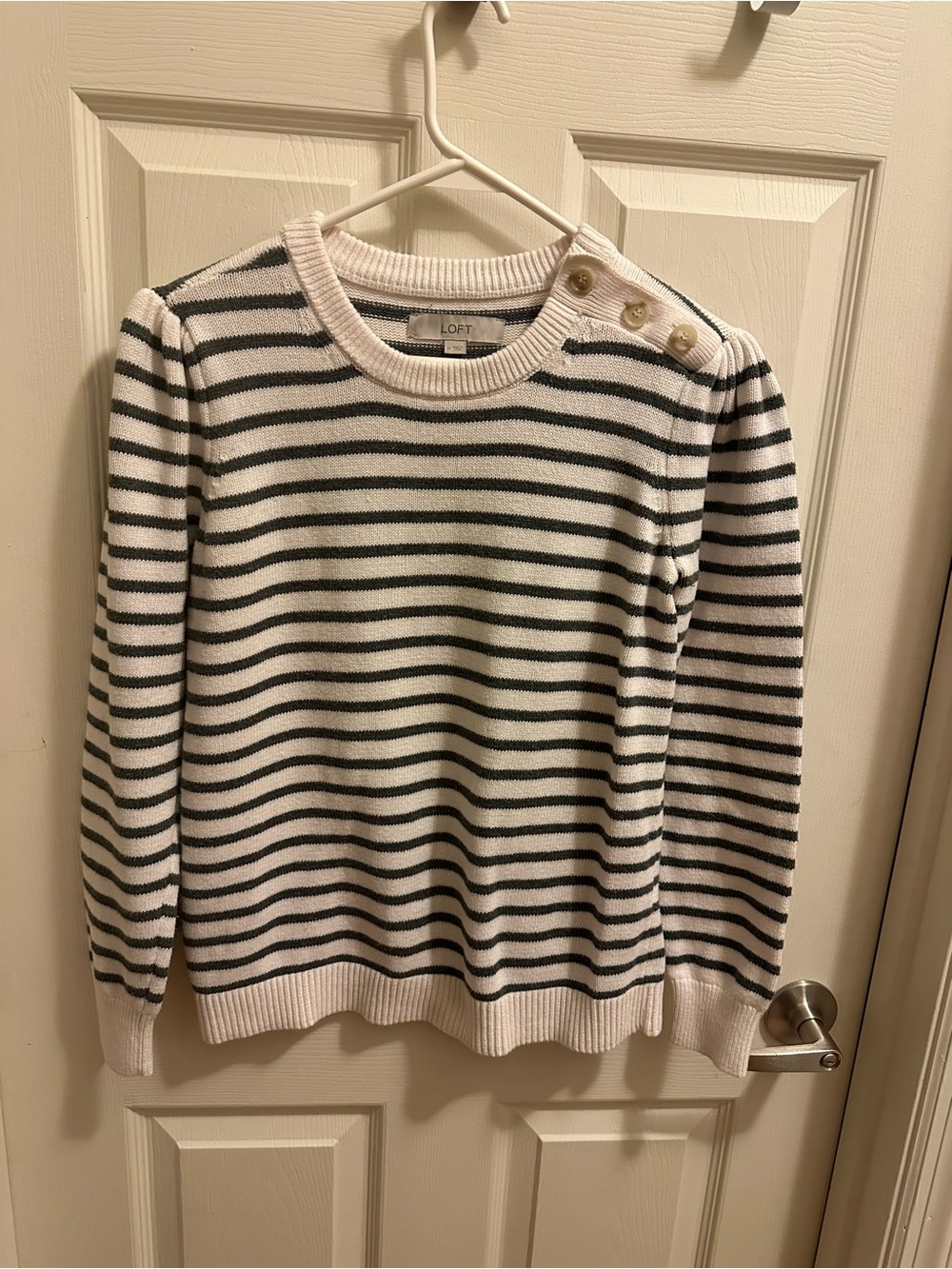 LOFT White and Black Striped Crewneck Sweater with Shoulder Buttons